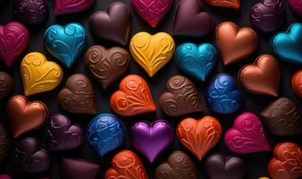 ai genererad hjärtans dag bakgrund med hjärtformade choklad godis foto