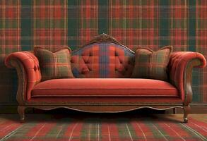 ai genererad traditionell tartan soffa foto