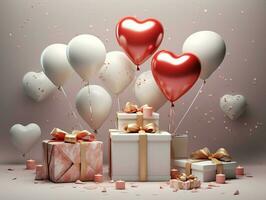 ai genererad gåva låda och ballong bakgrund, symbol av kärlek, festlig element, Lycklig hjärtans dag, reklam material, kopia Plats foto