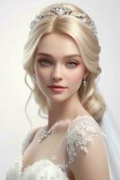 ai genererad blond skön modell i bröllop klänning och brud- smink foto