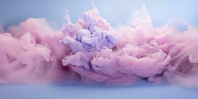 ai genererad rosa-blå fluffig pastell bläck rök på en blå bakgrund. genererad förbi artificiell intelligens. foto