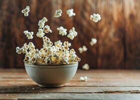 ai genererad popcorn faller från skål på trä- tabell foto