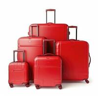 ai genererad uppsättning av röd resa resväskor på en vit bakgrund. semester resa begrepp, tid till resa foto