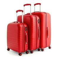 ai genererad uppsättning av röd resa resväskor på en vit bakgrund. semester resa begrepp, tid till resa foto