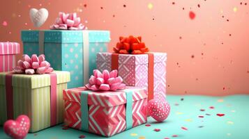 ai genererad valentine gåvor i färgrik förpackning med bågar och ljus band. generativ ai foto