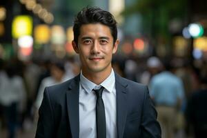 ai genererad porträtt av en stilig leende ung asiatisk kinesisk affärsman chef i en kostym gående på en stad gata till hans företag kontor. generativ ai. foto