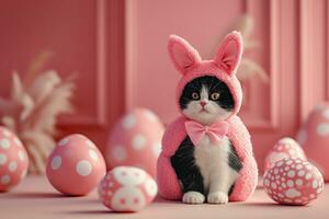 ai genererad knubbig svart och vit katt bär en rosa kanin kostym, med påsk ägg. generativ ai foto