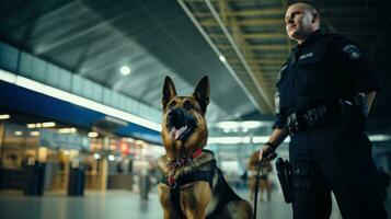 ai genererad säkerhet officer med polis hund på flygplats. generativ ai foto