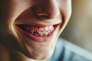 ai genererad tonåring man med tandställning leende mun stänga upp de begrepp av modern tandvård. generativ ai foto