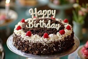 ai genererad de födelsedag kaka med grädde text Lycklig födelsedag på topp. generativ ai foto
