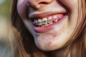 ai genererad tonåring kvinna med tandställning leende mun stänga upp de begrepp av modern tandvård. generativ ai foto