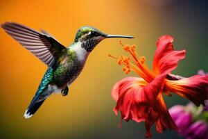 ai genererad internationell fågel dag, en skön kolibri drycker nektar från en blomma, en fågel i flyg, tropisk fåglar och växter foto