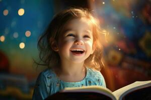 ai genererad internationell barns bok dag, en ljuv flicka läsning en bok och leende, en Lycklig barn, en magisk atmosfär foto