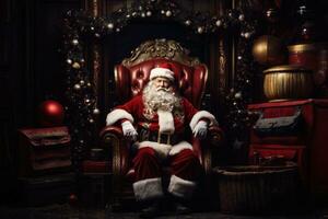 ai genererad santa claus i röd kostym och vit skägg sitter på röd läder tron, omgiven förbi jul ornament och gåvor. foto