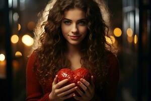 ai genererad en ung kvinna med lång, lockigt hår, bär en röd Tröja. hon är innehav en röd, stickat jul hjärta i henne händer. foto