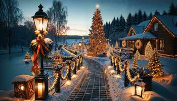 ai genererad en snöig gångväg ledande till en vackert dekorerad jul träd, med utomhus- dekorationer tycka om lyktor och band tillsats till de festlig charm foto