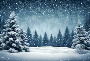 ai genererad vinter- sagoland kall blå skog på en snöar Semester natt foto