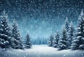 ai genererad vinter- sagoland kall blå skog på en snöar Semester natt foto
