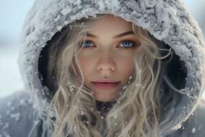ai genererad porträtt av en skön ung kvinna under snöfall. foto