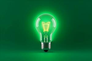 ai genererad en ljus Glödlampa lysande på en grön bakgrund som en grön energi begrepp. foto