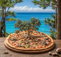 ai genererad pizza med hav och träd på en trä- tabell i främre av de hav foto