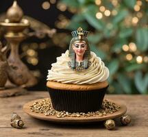 ai genererad en muffin med ett egyptisk drottning på en trä- tabell. foto