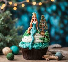 ai genererad muffin med en sjöjungfru, jul träd och bokeh bakgrund foto