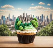 ai genererad muffin med stad och grön träd på topp på trä- tabell foto