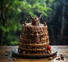 ai genererad choklad kaka med jäkel horn på trä- tabell. halloween begrepp. foto