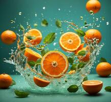ai genererad färsk apelsiner faller in i vatten med stänk och mynta löv på turkos bakgrund foto