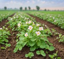 ai genererad potatis fält med blomning blommor och grön löv, jordbruks landskap foto