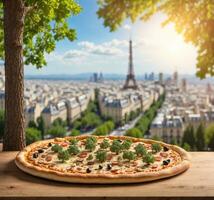 ai genererad pizza på en trä- tabell med eiffel torn i de bakgrund foto