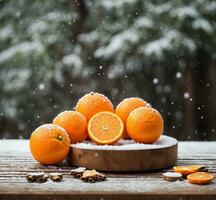 ai genererad mandariner på en trä- tabell i de snö. jul begrepp. foto