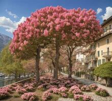 ai genererad blommande träd på de vid vatten av sjö como, Italien foto