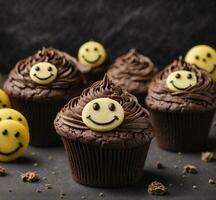 ai genererad choklad muffins med smiley ansikten på mörk bakgrund, närbild foto