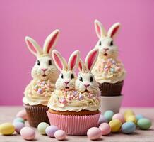 ai genererad påsk muffins dekorerad med kanin öron och färgrik ägg på en rosa bakgrund foto
