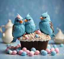ai genererad blåfåglar och muffins med marshmallows på en blå bakgrund foto