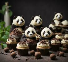 ai genererad muffins med pandor och choklad på en mörk bakgrund. foto