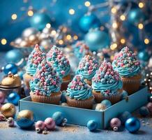 muffins med blå glasyr och jul dekorationer på blå bakgrund foto