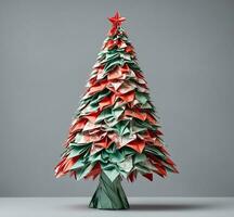 ai genererad jul träd tillverkad av origami papper på en grå bakgrund. 3d illustration foto