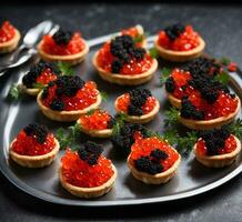 ai genererad tartlets med röd och svart kaviar på en svart bakgrund foto