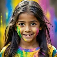 ai genererad poträtt av indisk flicka med färgrik holi Färg ansikte Framställ på kamera foto