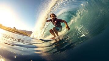 ai genererad porträtt av en man surfing på de strand. professionell surfare har roligt med surfbräda. surfing verkan fångst vågor i hav. generativ ai foto