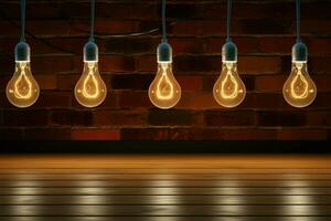 ai genererad minimalistisk glöd trådmodell Glödlampa lyser på tegel vägg och trä- golv foto