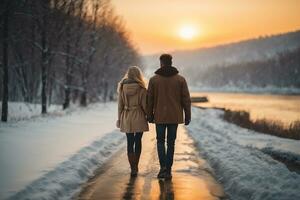 ai genererad en par i kärlek promenader under snöfall mot de bakgrund av en flod och solnedgång. blond flicka foto