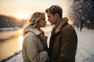 ai genererad en par i kärlek promenader under snöfall mot de bakgrund av en flod och solnedgång. blond flicka foto