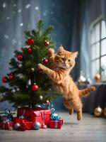 ai genererad röd katt Hoppar på de jul träd, lekfull röd katt, ny år humör foto