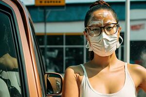 ai genererad en kvinna bär en ansikte mask och glasögon stående i främre av en bil foto