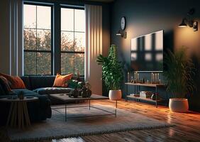 ai genererad en levande rum med en soffa, kaffe tabell och en TV foto