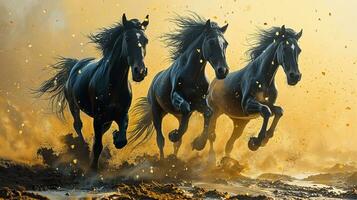 ai genererad tre svart hästar springa galopp i damm på en solig dag. foto